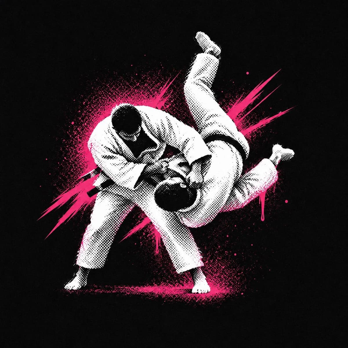 Ilustração stencil de uma projeção de judô, com spray rosa sobre fundo preto